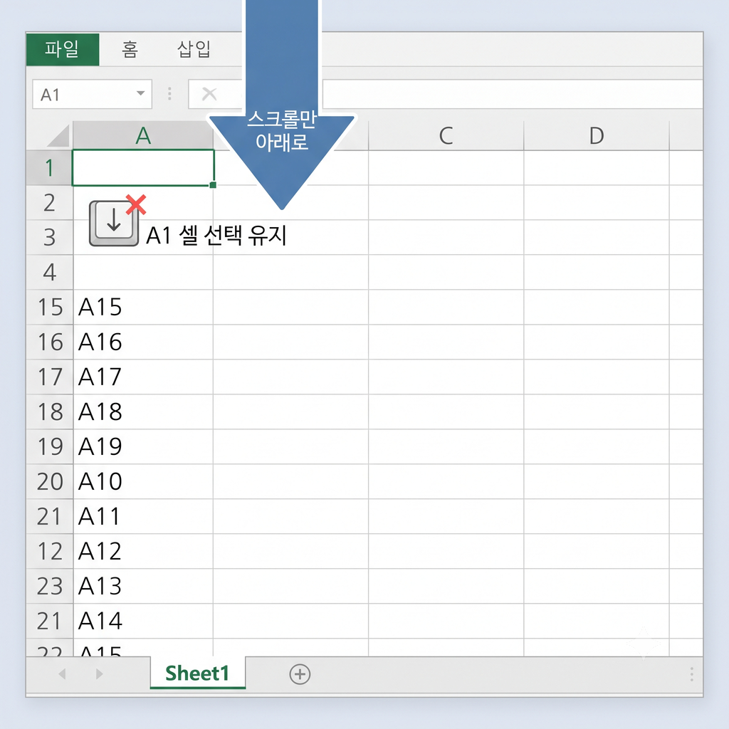 엑셀 방향키 셀 이동 안될 때, 화면만 움직인다면 이것부터 확인하세요 2 엑셀 방향키를 눌러도 셀 이동이 안되는 상태