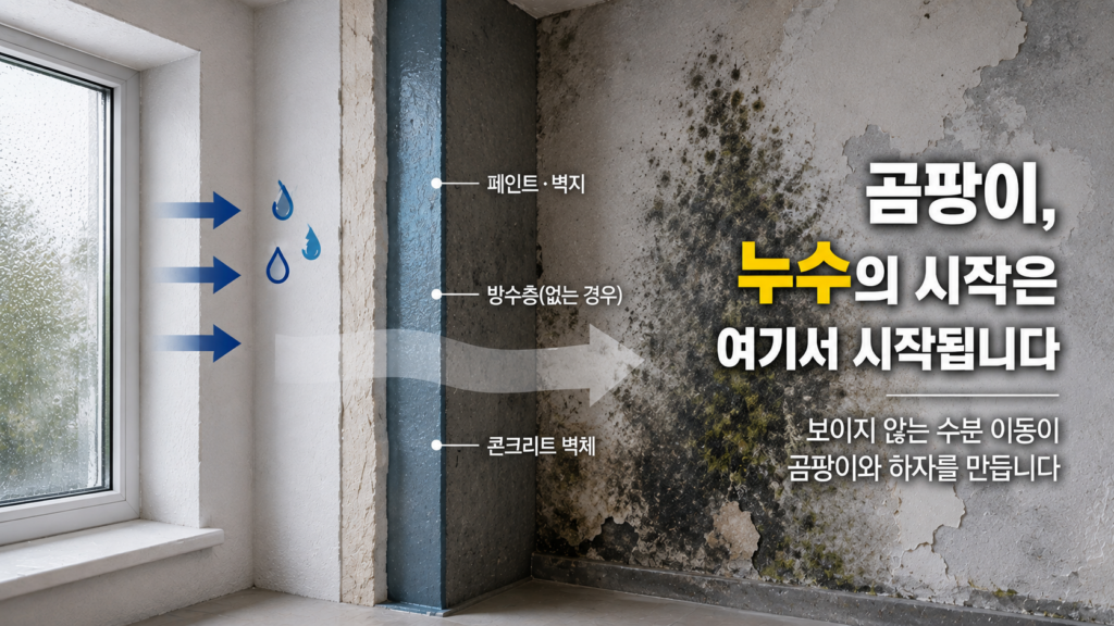 벽 모서리에서 결로가 먼저 생기는 이유: 열교현상이란 무엇인가 2 곰팡이와 누수 관계