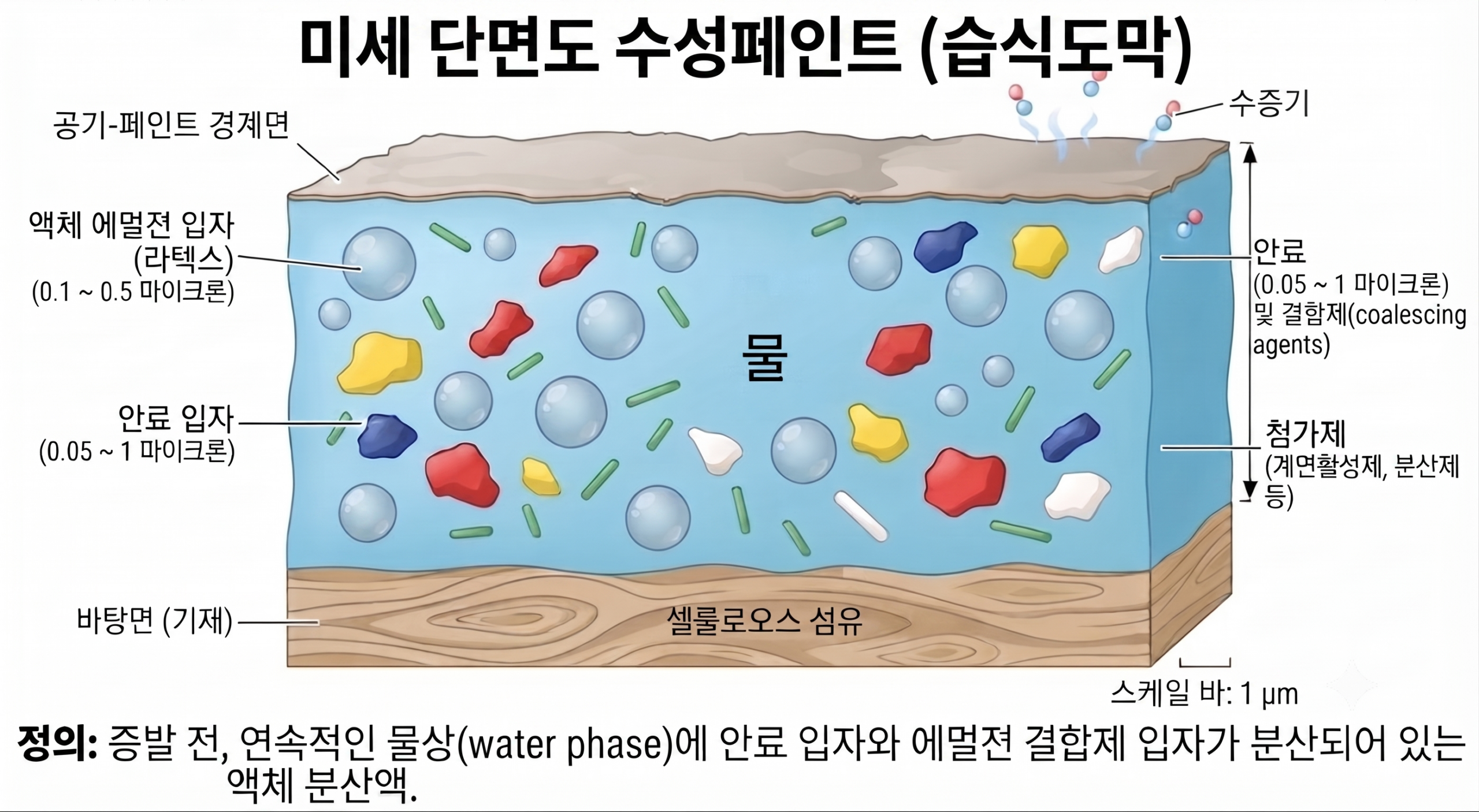 수성페인트는 어떻게 액체에서 단단한 도막이 될까? 건조와 도막 형성의 원리 3 미세 단면도 수성페인트