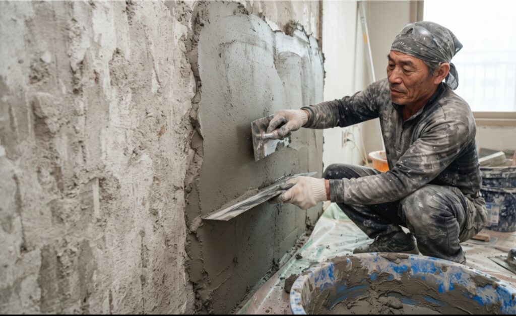 공장배합 건조 모르타르를 사용해 벽면을 평평하게 미장하는 모습