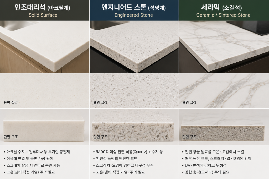 인조대리석·엔지니어드 스톤·세라믹 상판은 무엇이 다를까? 3 상판소재비교