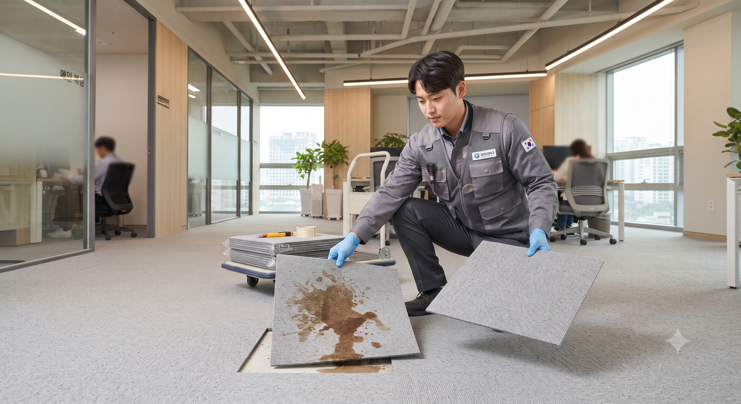 사무실 바닥에는 왜 롤카펫보다 카펫타일을 많이 사용할까? 5 카펫타일 시공 모습