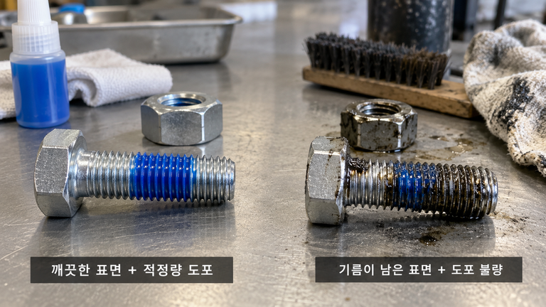 나사고정제는 왜 피스가 풀리는 것을 막을까? 11 금속 볼트 나사산에 파란색 나사고정제를 소량 떨어뜨리는 모습