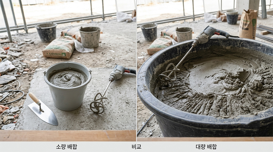 빨리 굳는 보수재를 너무 많이 섞었을 때 작업이 실패하는 이유 3 왼쪽은 작은 통에 필요한 양만 속경형 보수재를 배합한 모습, 오른쪽은 큰 통에 과도하게 많은 양을 섞어 일부가 먼저 굳기 시작한 상태를 비교한 모습