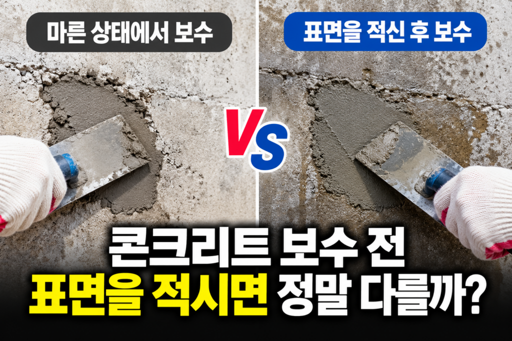 콘크리트 보수 전 표면을 적신 경우와 마른 상태에서 작업한 경우 비교 1 콘크리트 보수, 마른 표면 vs 젖은 표면